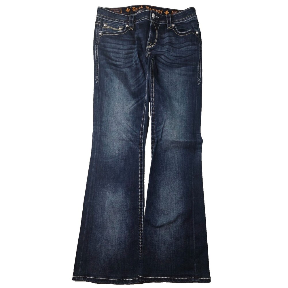 Rock Revival Vicky Boot Jeans Womens Size 30 Dark Wash Flap Pocket Denim PreOwne